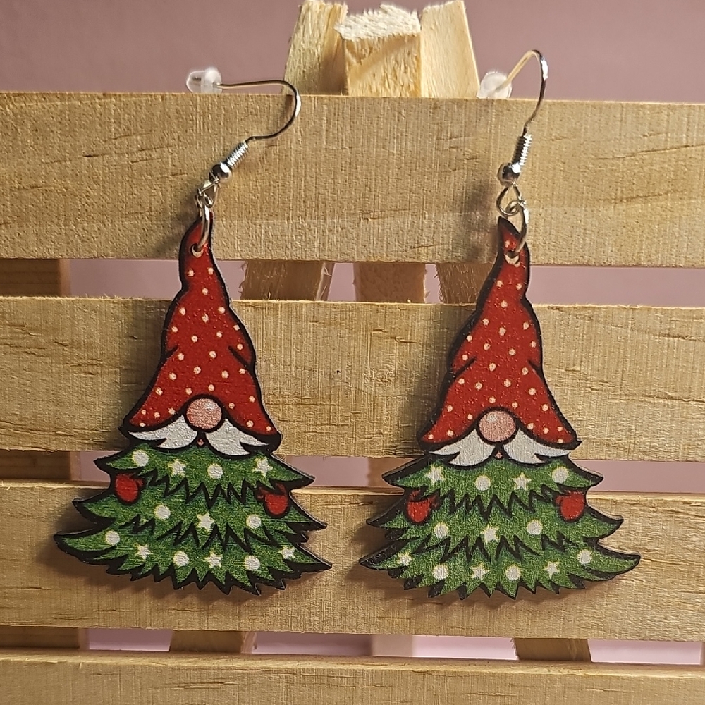 Wooden Festive Gnome Christmas Tree Earrings - Picture 1 of 3